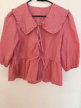 Red Gingham Peplum Tie-Front Blouse with Ruffled Collar
